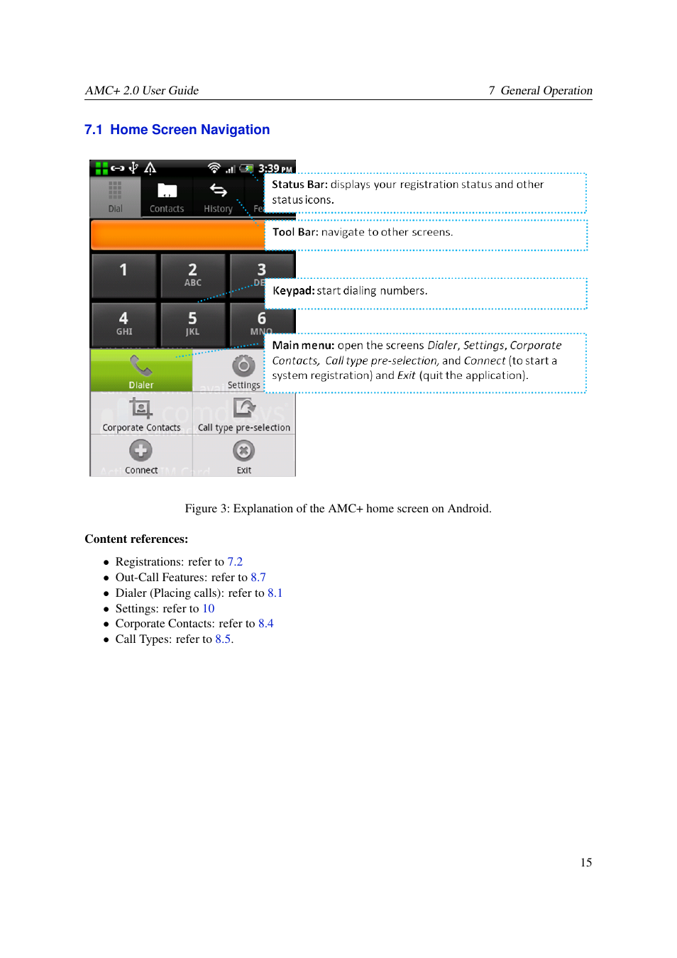 Home screen navigation | AASTRA AMC+ User guide for Android EN User Manual | Page 15 / 37