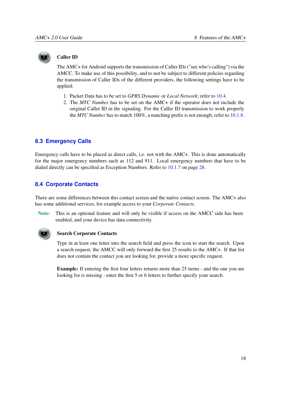 Emergency calls, Corporate contacts | AASTRA AMC+ User guide for Android EN User Manual | Page 18 / 37