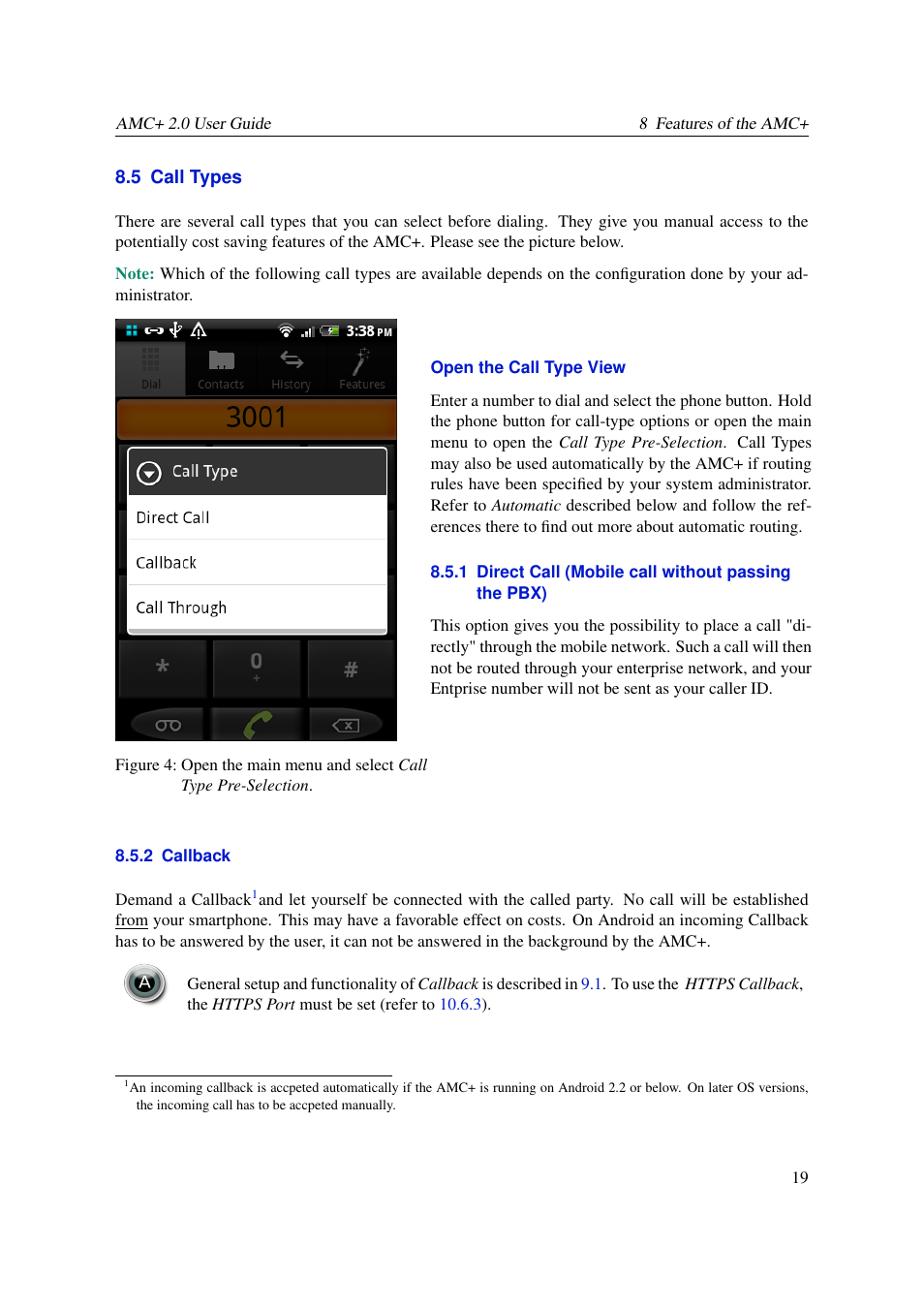 Call types, Direct call (mobile call without passing the pbx), Callback | AASTRA AMC+ User guide for Android EN User Manual | Page 19 / 37