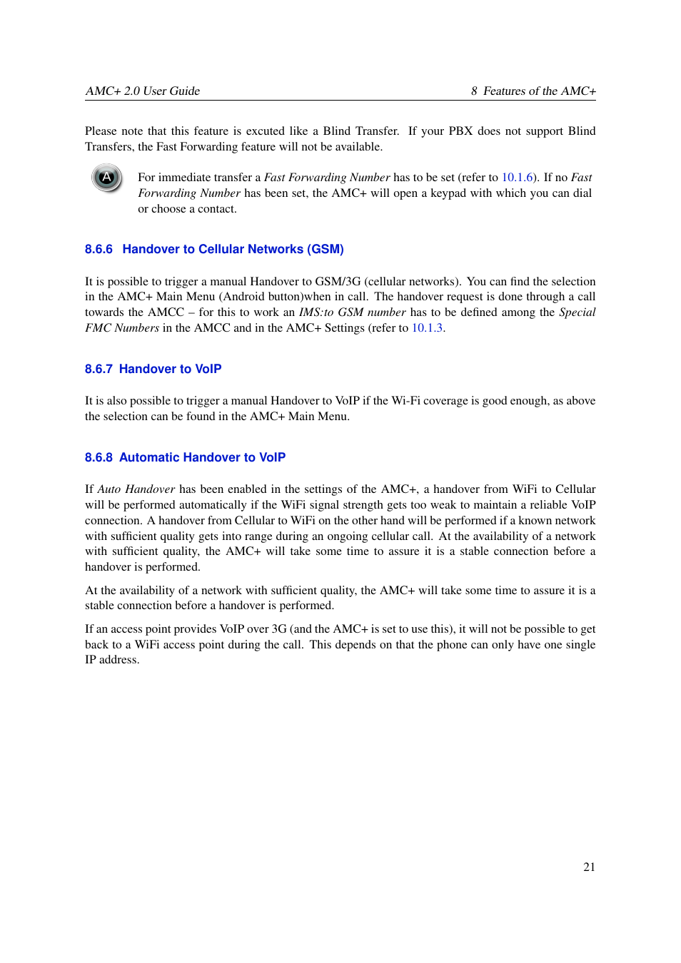 Handover to cellular networks (gsm), Handover to voip, Automatic handover to voip | AASTRA AMC+ User guide for Android EN User Manual | Page 21 / 37