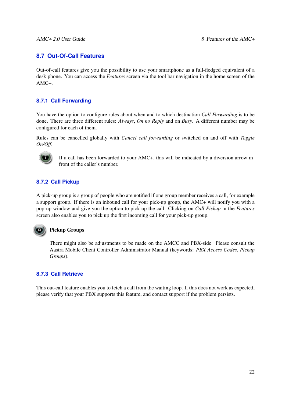 Out-of-call features, Call forwarding, Call pickup | Call retrieve | AASTRA AMC+ User guide for Android EN User Manual | Page 22 / 37