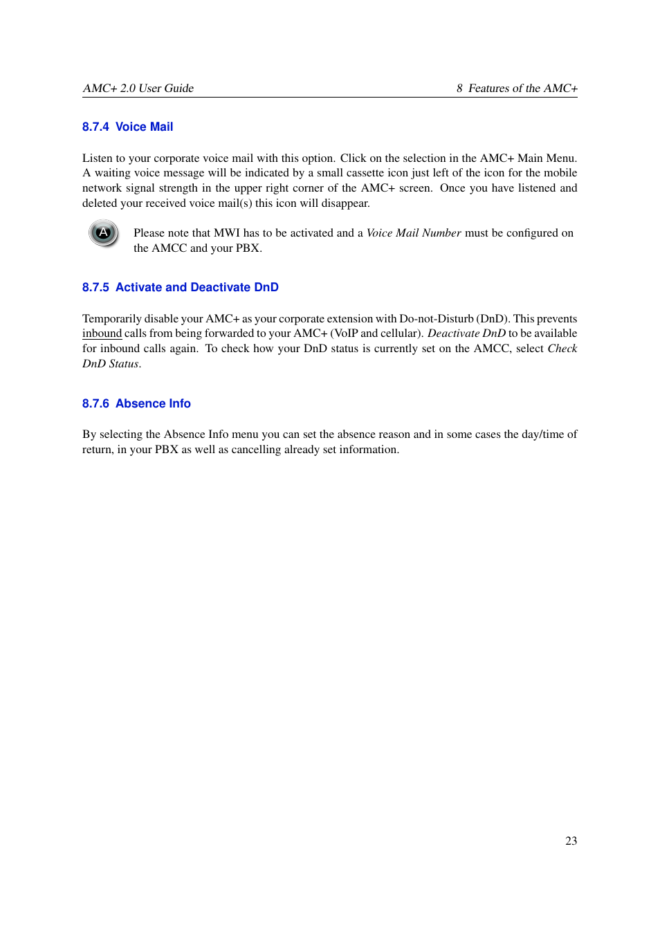 Voice mail, Activate and deactivate dnd, Absence info | AASTRA AMC+ User guide for Android EN User Manual | Page 23 / 37