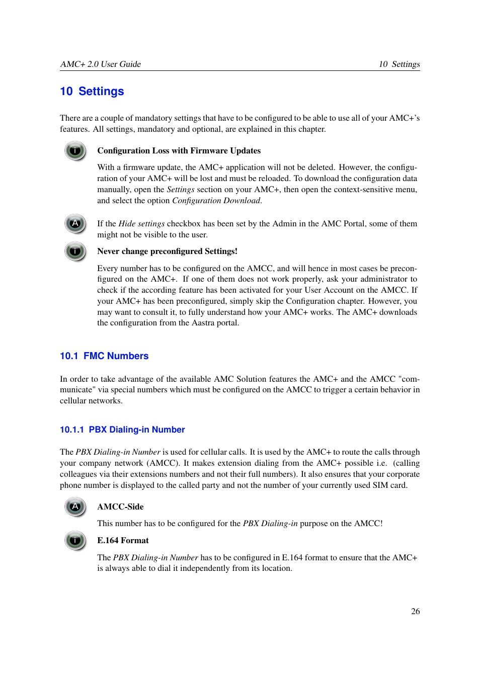 Settings, Fmc numbers, Pbx dialing-in number | 10 settings, 1 fmc numbers, 1 pbx dialing-in number | AASTRA AMC+ User guide for Android EN User Manual | Page 26 / 37