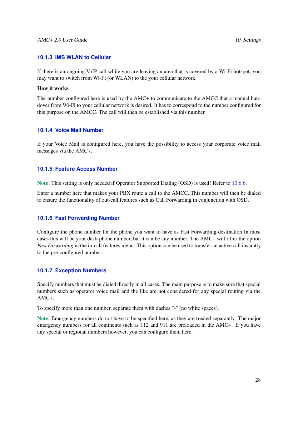 Ims wlan to cellular, Voice mail number, Feature access number | Fast forwarding number, Exception numbers, 3 ims wlan to cellular, 4 voice mail number, 5 feature access number, 6 fast forwarding number, 7 exception numbers | AASTRA AMC+ User guide for Android EN User Manual | Page 28 / 37