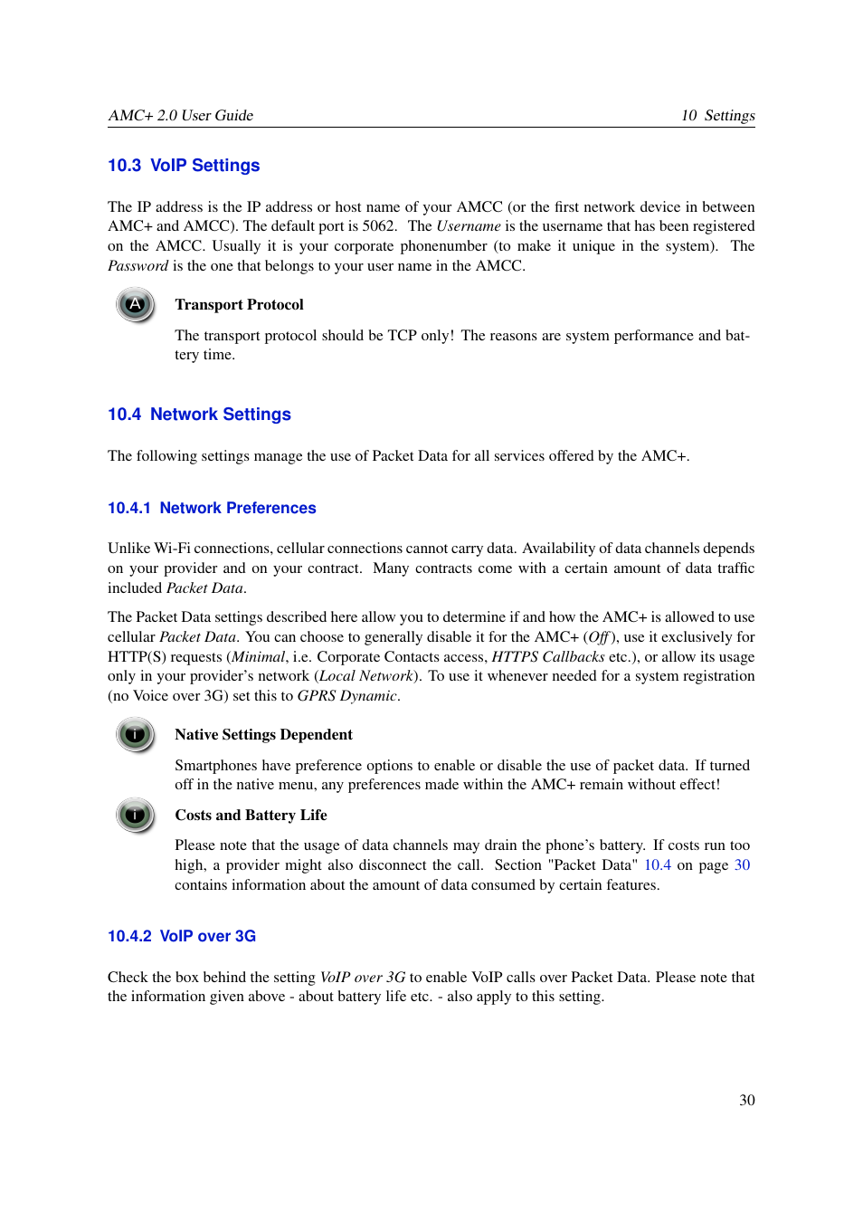 Voip settings, Network settings, Network preferences | Voip over 3g, 3 voip settings, 4 network settings, 1 network preferences, 2 voip over 3g | AASTRA AMC+ User guide for Android EN User Manual | Page 30 / 37