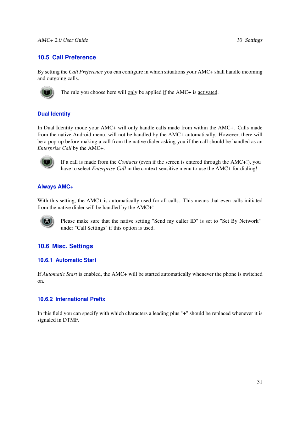 Call preference, Misc. settings, Automatic start | International prefix, 5 call preference, 6 misc. settings, 1 automatic start, 2 international prefix | AASTRA AMC+ User guide for Android EN User Manual | Page 31 / 37