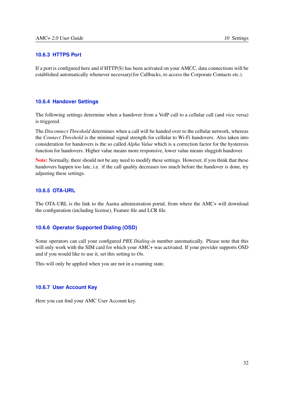 Https port, Handover settings, Ota-url | Operator supported dialing (osd), User account key, 3 https port, 4 handover settings, 5 ota-url, 6 operator supported dialing (osd), 7 user account key | AASTRA AMC+ User guide for Android EN User Manual | Page 32 / 37