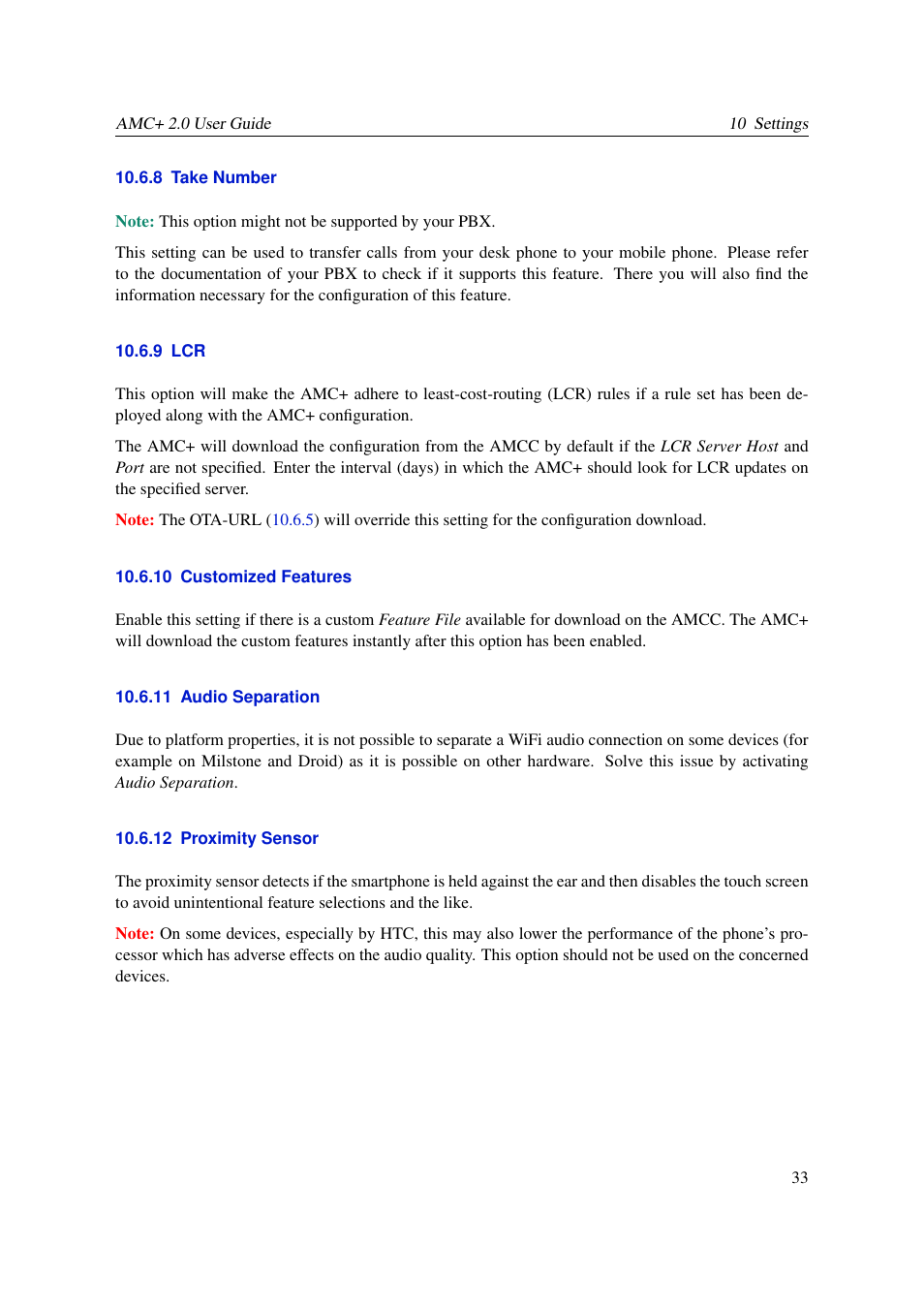 Take number, Customized features, Audio separation | Proximity sensor, 8 take number, 9 lcr, 10 customized features, 11 audio separation, 12 proximity sensor | AASTRA AMC+ User guide for Android EN User Manual | Page 33 / 37