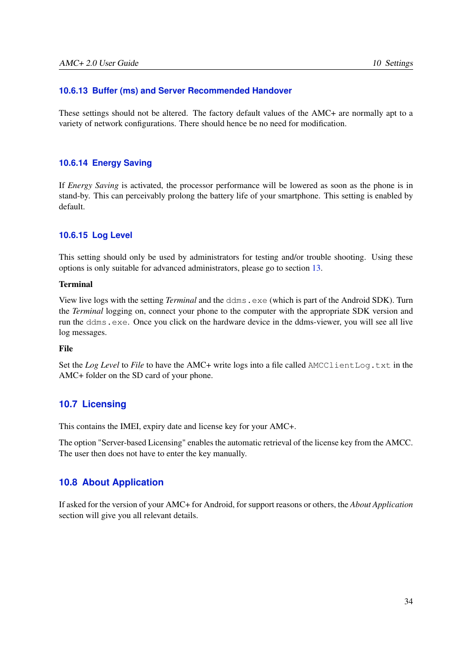 Buffer (ms) and server recommended handover, Energy saving, Log level | Licensing, About application, 13 buffer (ms) and server recommended handover, 14 energy saving, 15 log level, 7 licensing, 8 about application | AASTRA AMC+ User guide for Android EN User Manual | Page 34 / 37