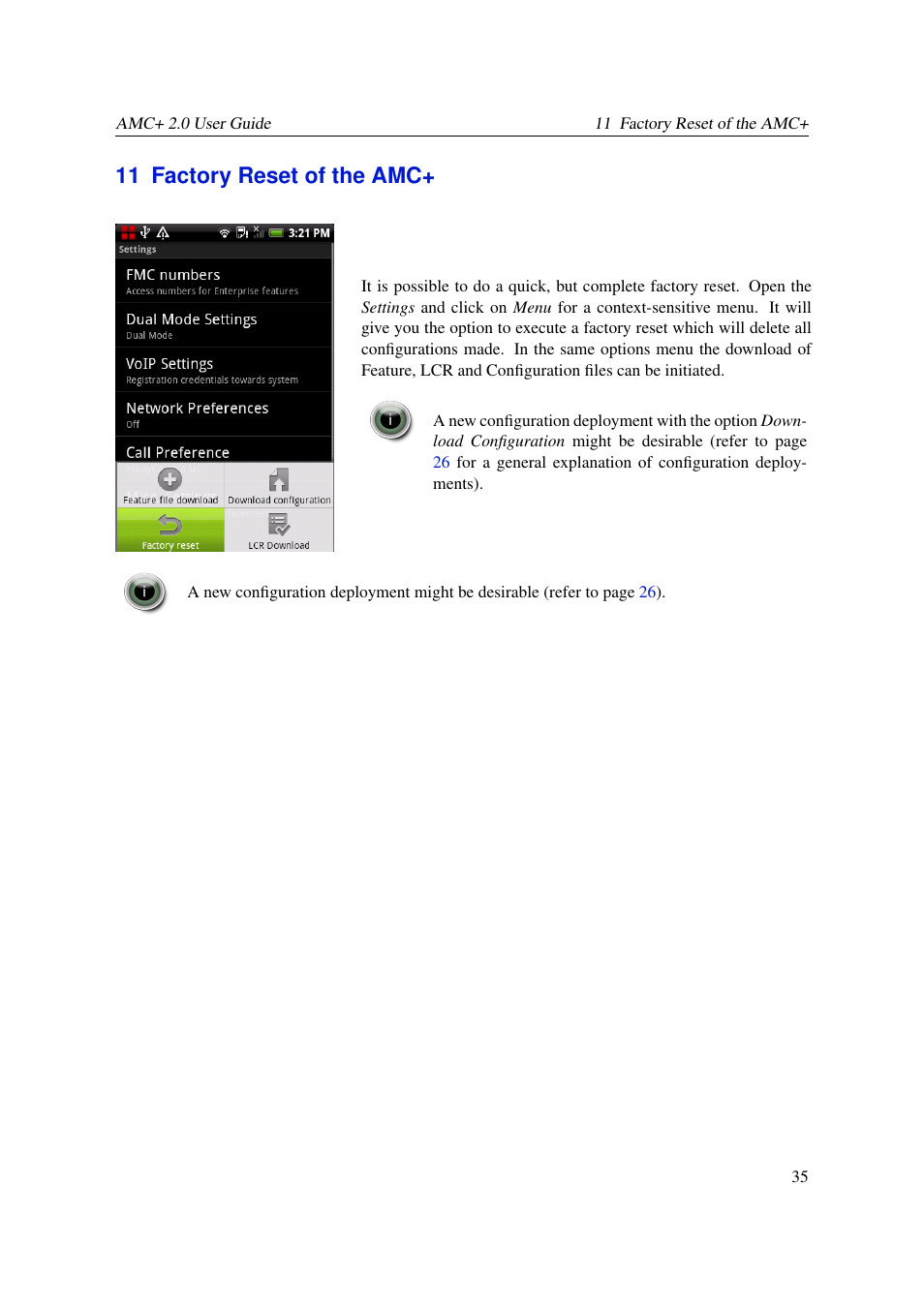 Factory reset of the amc, 11 factory reset of the amc | AASTRA AMC+ User guide for Android EN User Manual | Page 35 / 37