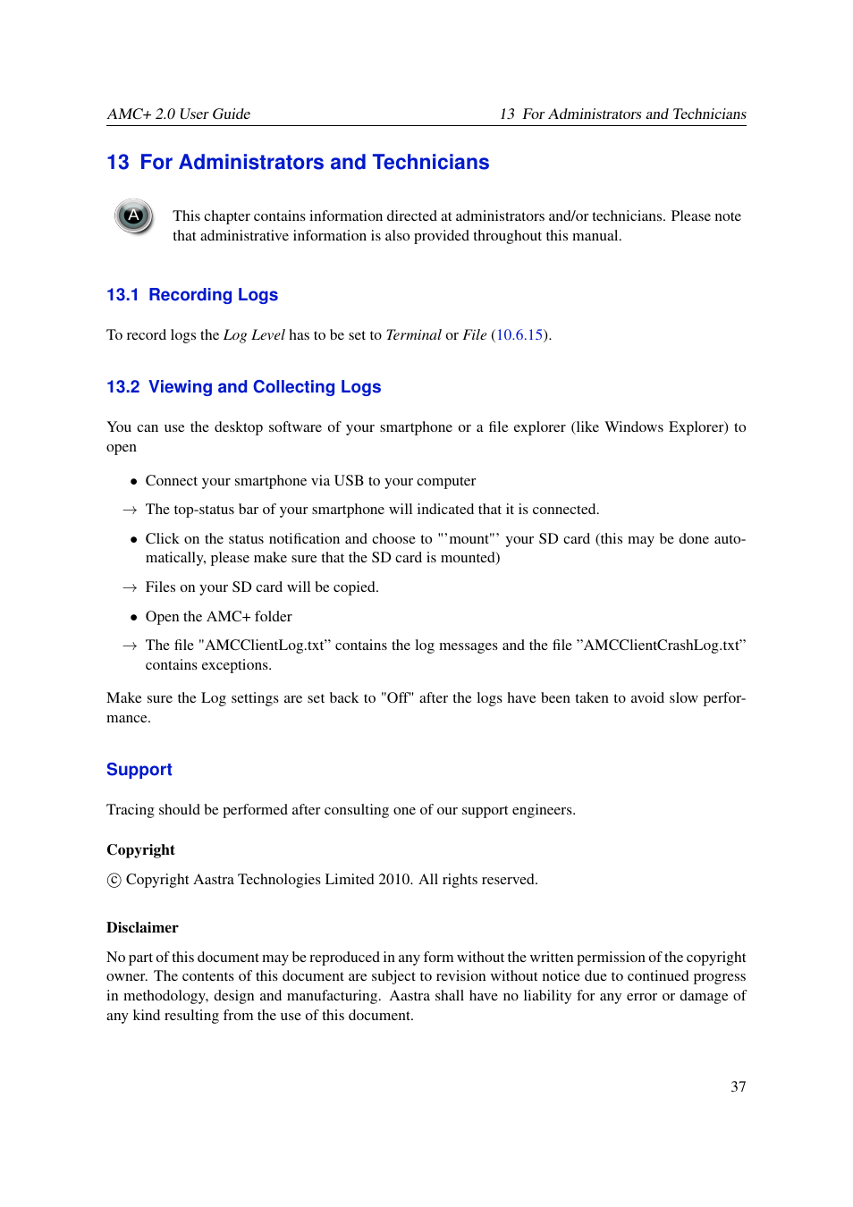 For administrators and technicians, Recording logs, Viewing and collecting logs | 13 for administrators and technicians, 1 recording logs, 2 viewing and collecting logs | AASTRA AMC+ User guide for Android EN User Manual | Page 37 / 37