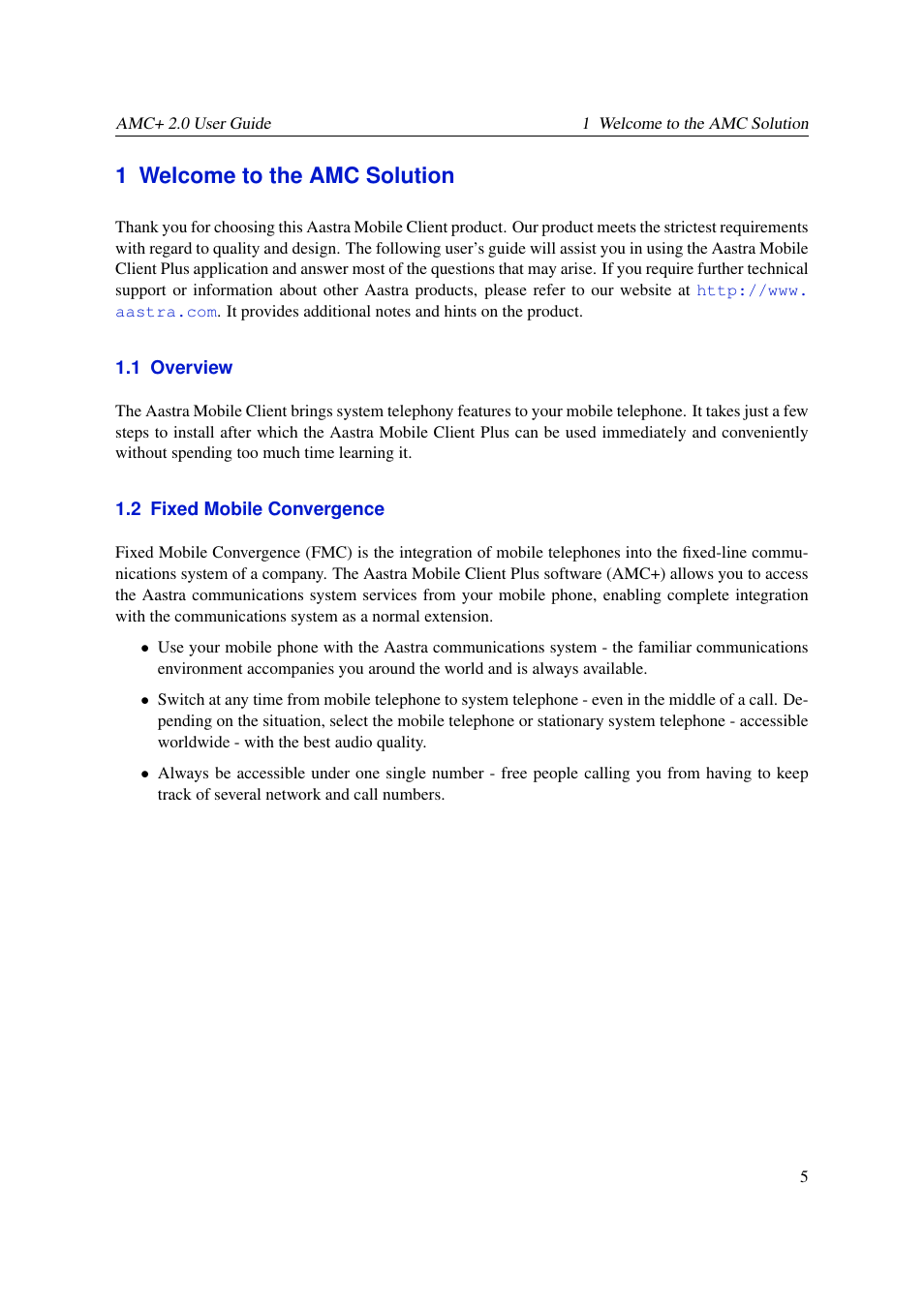 Welcome to the amc solution, Overview, Fixed mobile convergence | 1 welcome to the amc solution | AASTRA AMC+ User guide for Android EN User Manual | Page 5 / 37