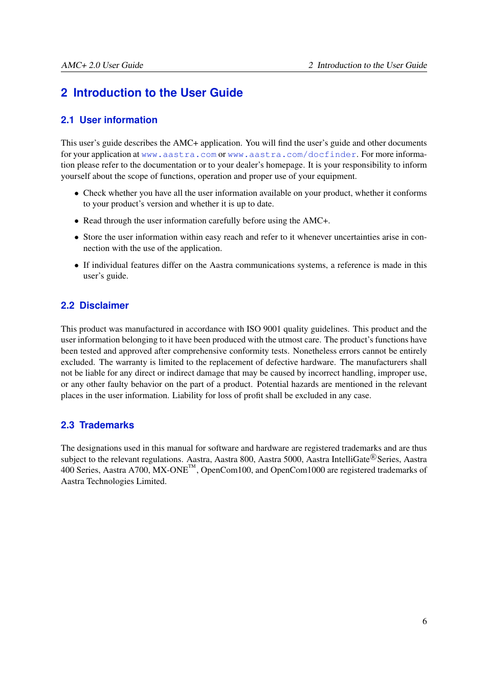 Introduction to the user guide, User information, Disclaimer | Trademarks, 2 introduction to the user guide | AASTRA AMC+ User guide for Android EN User Manual | Page 6 / 37