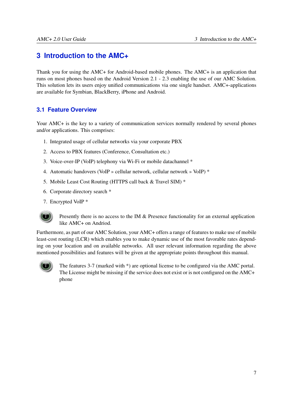 Introduction to the amc, Feature overview, 3 introduction to the amc | AASTRA AMC+ User guide for Android EN User Manual | Page 7 / 37