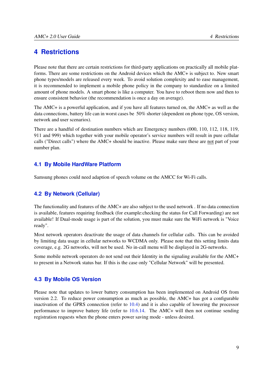 Restrictions, By mobile hardware platform, By network (cellular) | By mobile os version, 4 restrictions | AASTRA AMC+ User guide for Android EN User Manual | Page 9 / 37