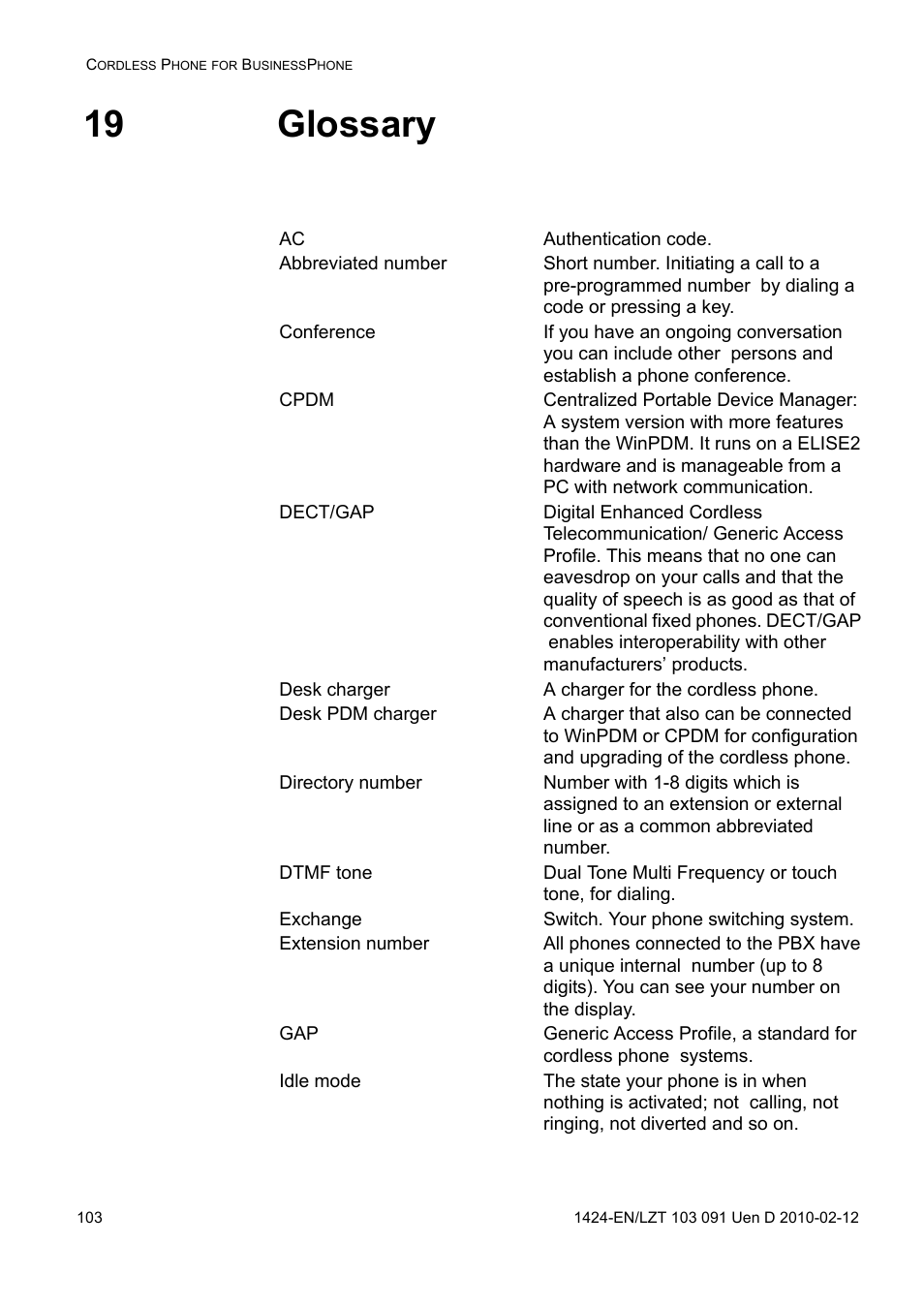 19 glossary | AASTRA DT390 for BusinessPhone User Guide EN User Manual | Page 103 / 106