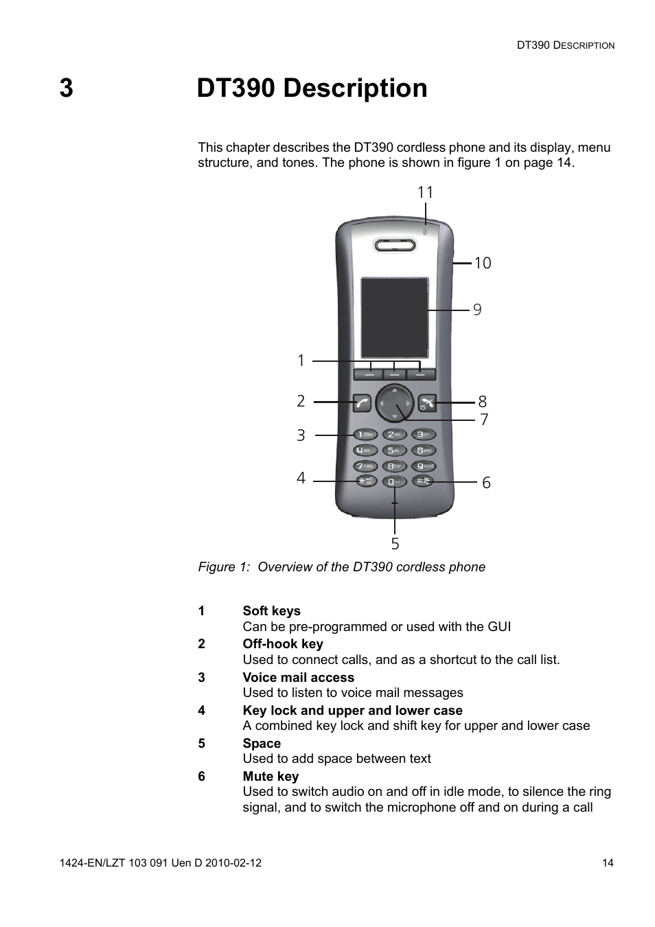 3 dt390 description, Figure 1: overview of the dt390 cordless phone, 3dt390 description | AASTRA DT390 for BusinessPhone User Guide EN User Manual | Page 14 / 106