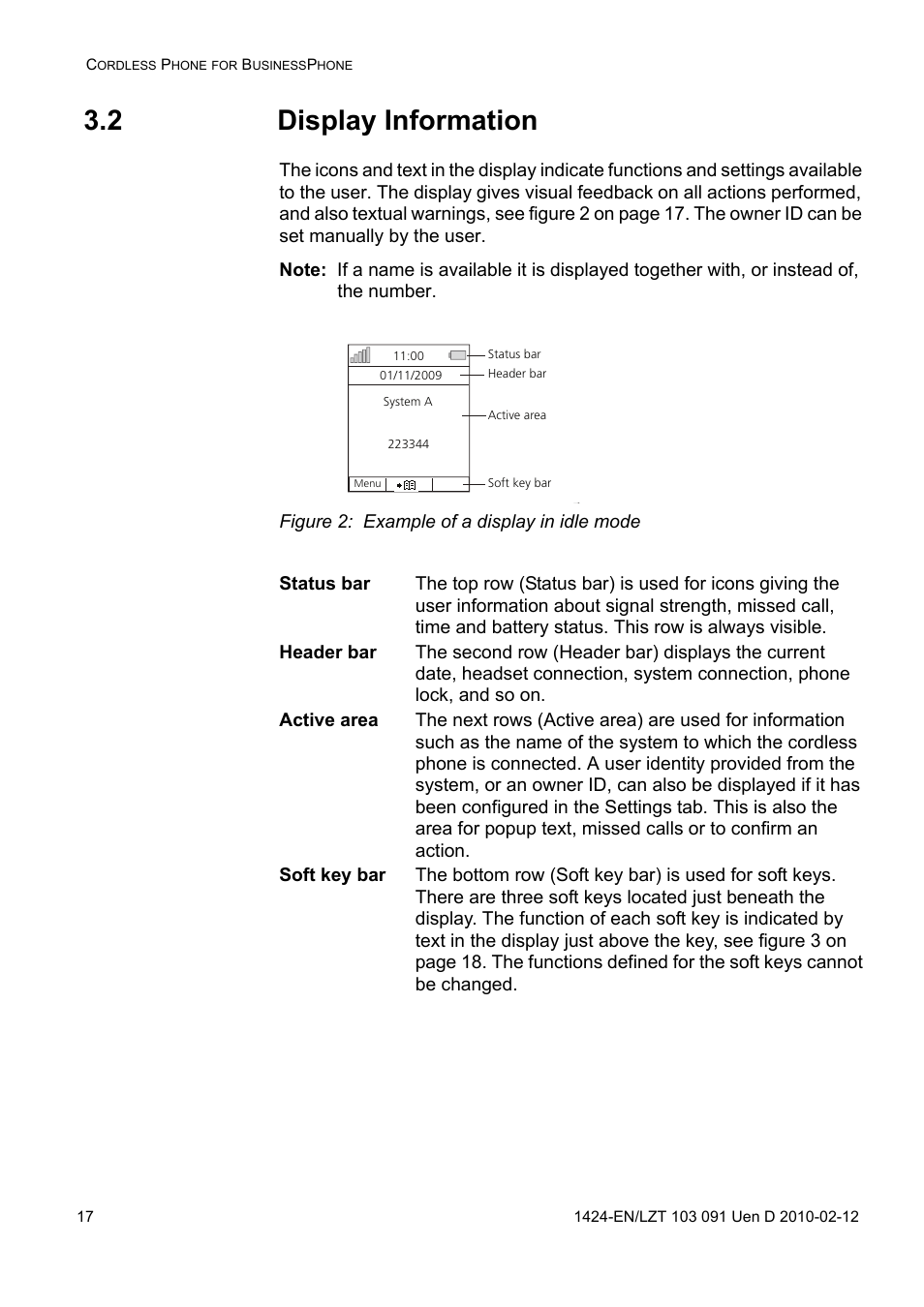 2 display information, Figure 2: example of a display in idle mode | AASTRA DT390 for BusinessPhone User Guide EN User Manual | Page 17 / 106