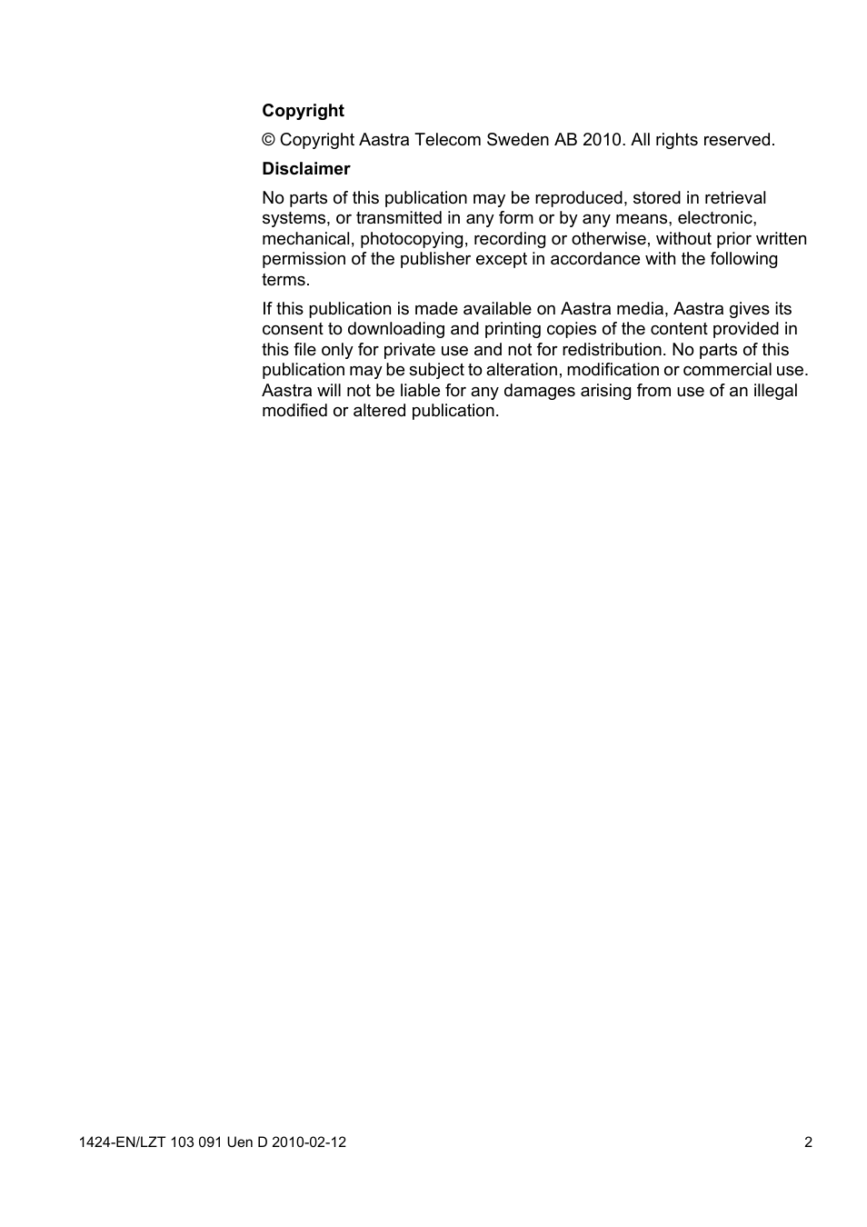 Copyright | AASTRA DT390 for BusinessPhone User Guide EN User Manual | Page 2 / 106