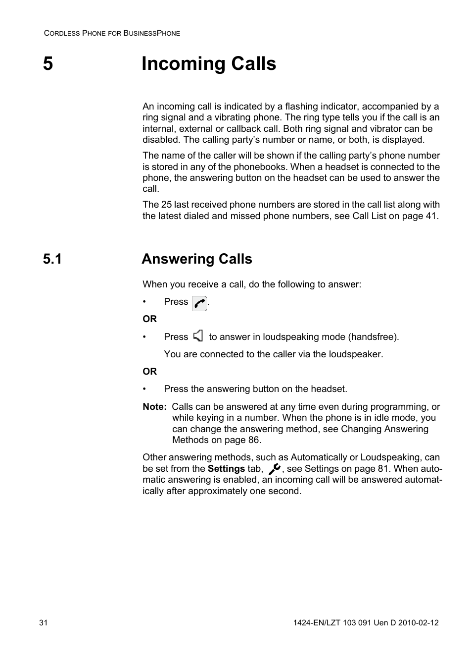 5 incoming calls, 1 answering calls, 5incoming calls | AASTRA DT390 for BusinessPhone User Guide EN User Manual | Page 31 / 106