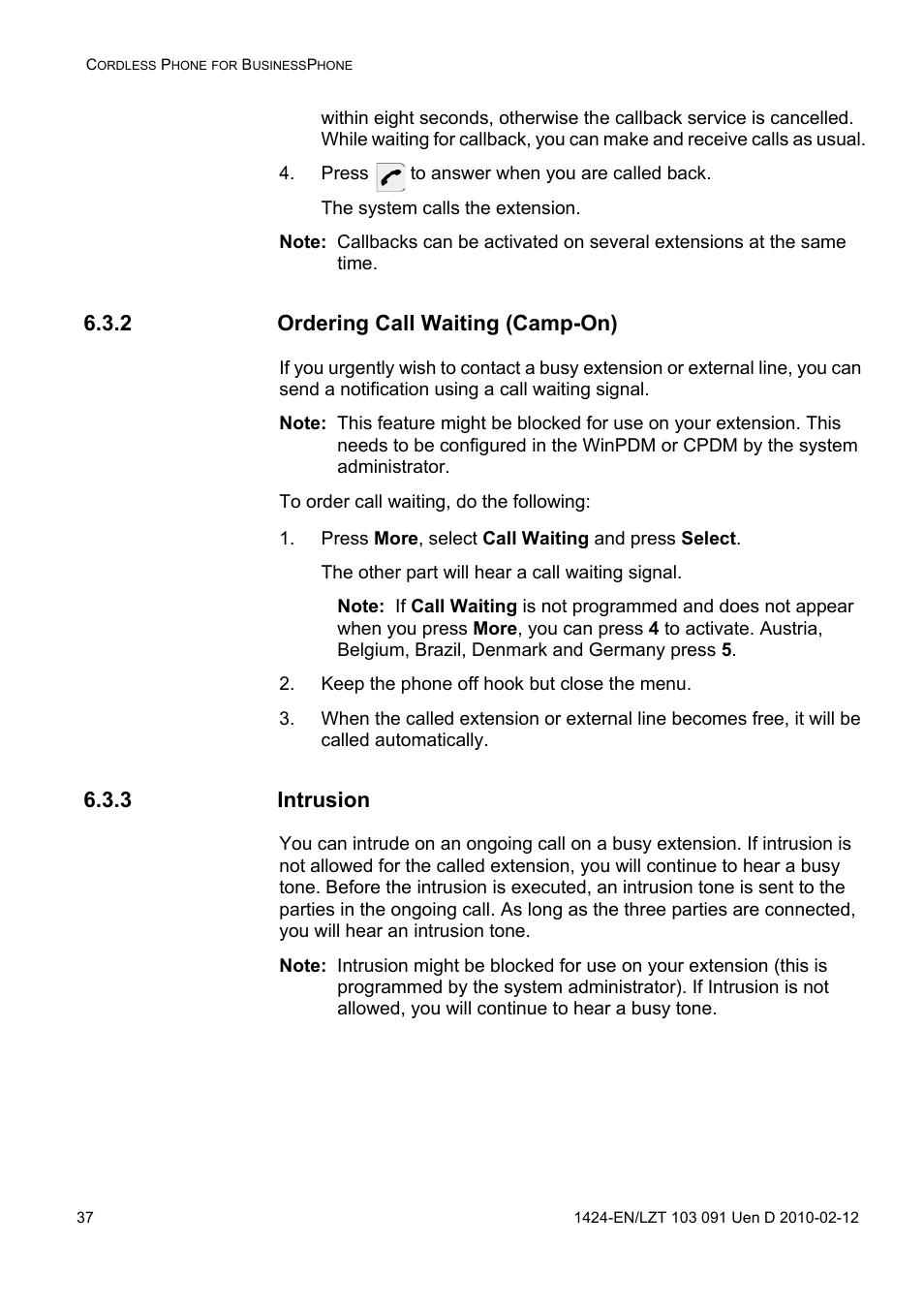 Press to answer when you are called back, 2 ordering call waiting (camp-on), Press more, select call waiting and press select | Keep the phone off hook but close the menu, 3 intrusion | AASTRA DT390 for BusinessPhone User Guide EN User Manual | Page 37 / 106