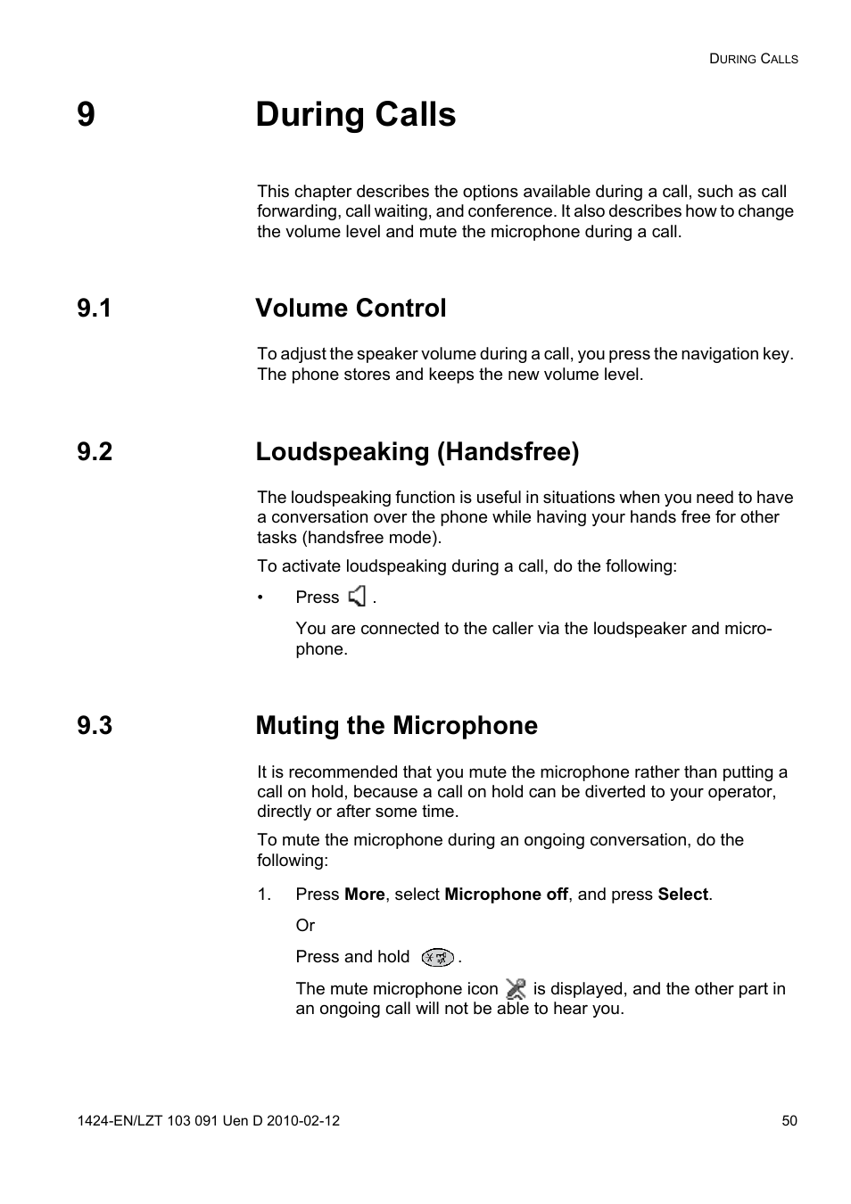 9 during calls, 1 volume control, 2 loudspeaking (handsfree) | 3 muting the microphone, 9during calls | AASTRA DT390 for BusinessPhone User Guide EN User Manual | Page 50 / 106