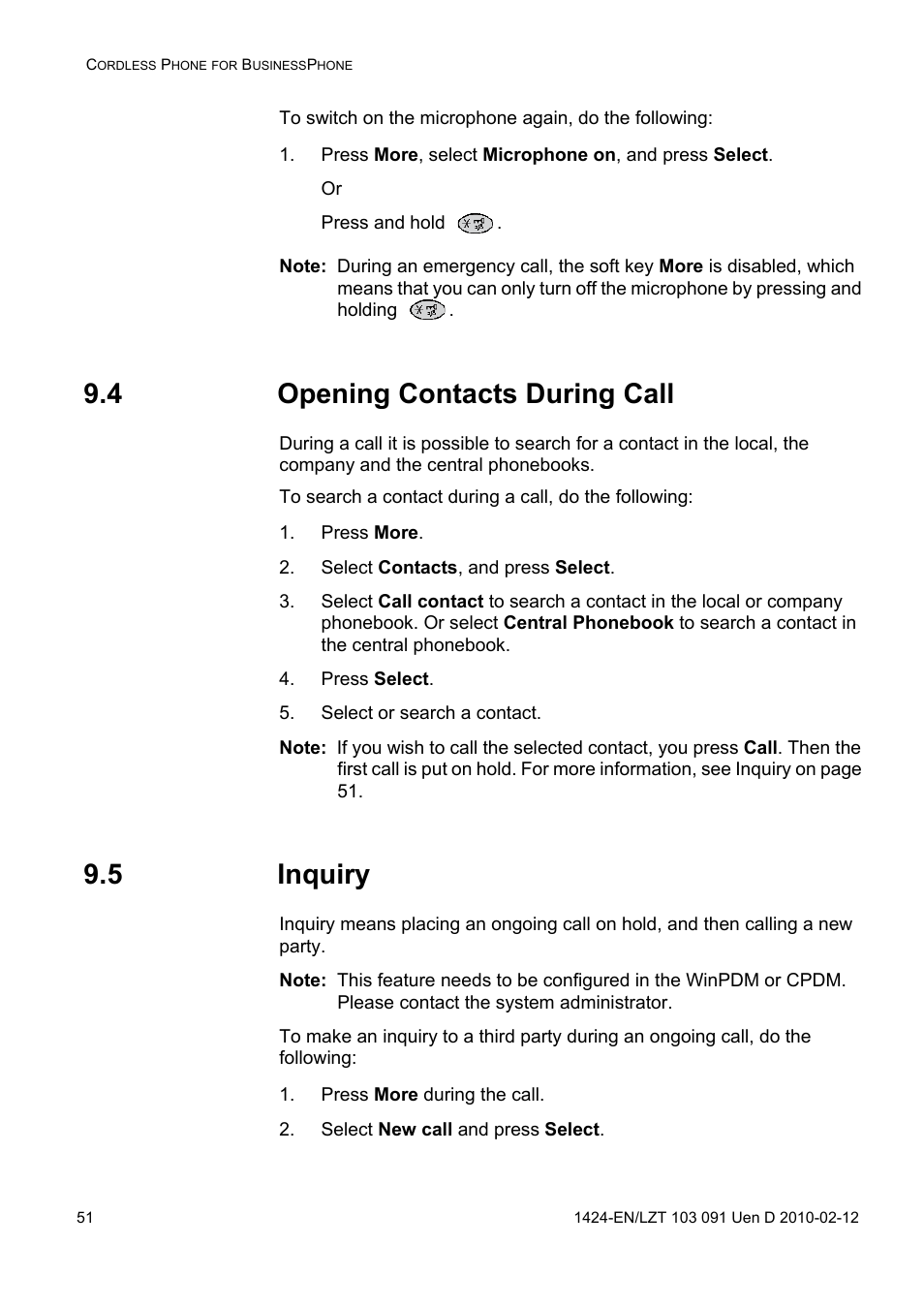 Press more, select microphone on, and press select, 4 opening contacts during call, Press more | Select contacts, and press select, Press select, Select or search a contact, 5 inquiry, Press more during the call, Select new call and press select | AASTRA DT390 for BusinessPhone User Guide EN User Manual | Page 51 / 106