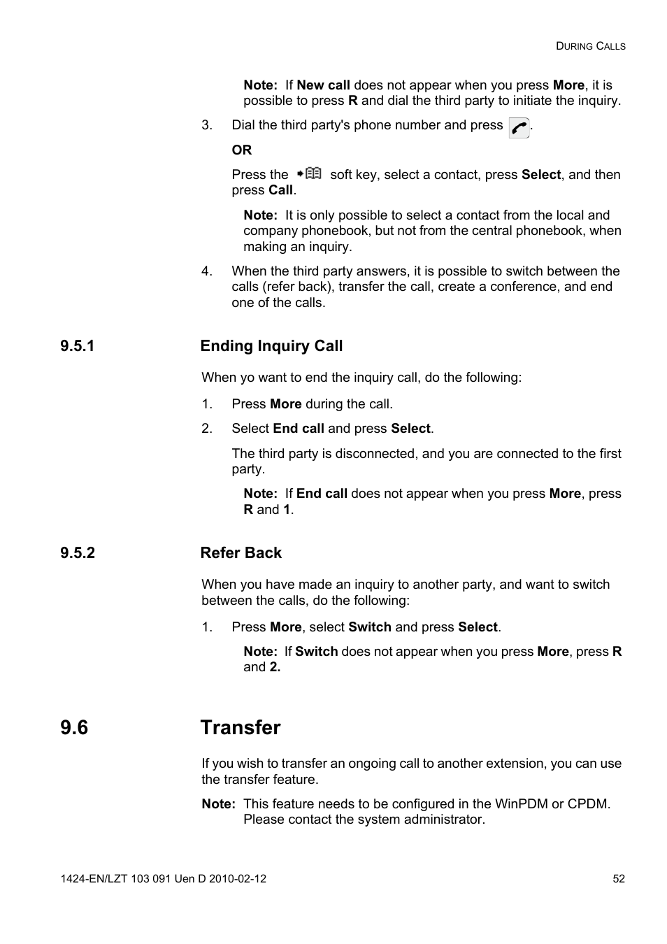 Dial the third party's phone number and press, 1 ending inquiry call, Press more during the call | Select end call and press select, 2 refer back, Press more, select switch and press select, 6 transfer | AASTRA DT390 for BusinessPhone User Guide EN User Manual | Page 52 / 106