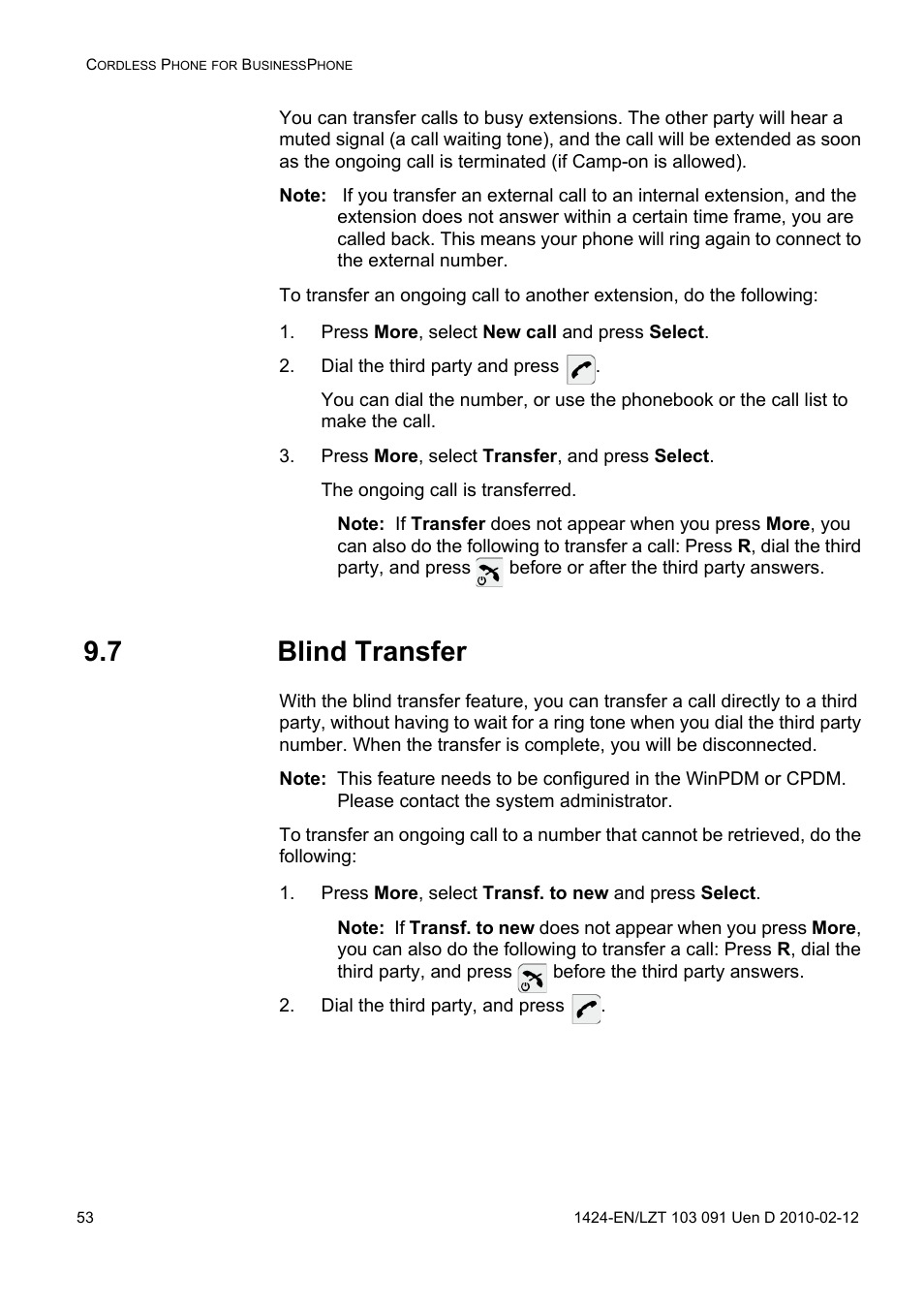 Press more, select new call and press select, Dial the third party and press, Press more, select transfer, and press select | 7 blind transfer, Press more, select transf. to new and press select, Dial the third party, and press | AASTRA DT390 for BusinessPhone User Guide EN User Manual | Page 53 / 106