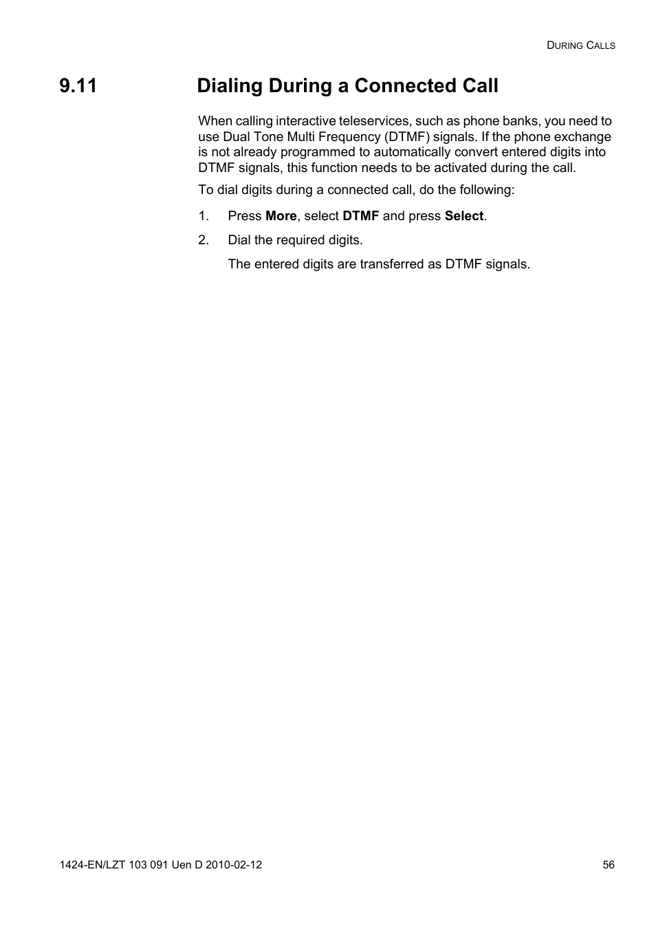 11 dialing during a connected call, Press more, select dtmf and press select, Dial the required digits | AASTRA DT390 for BusinessPhone User Guide EN User Manual | Page 56 / 106