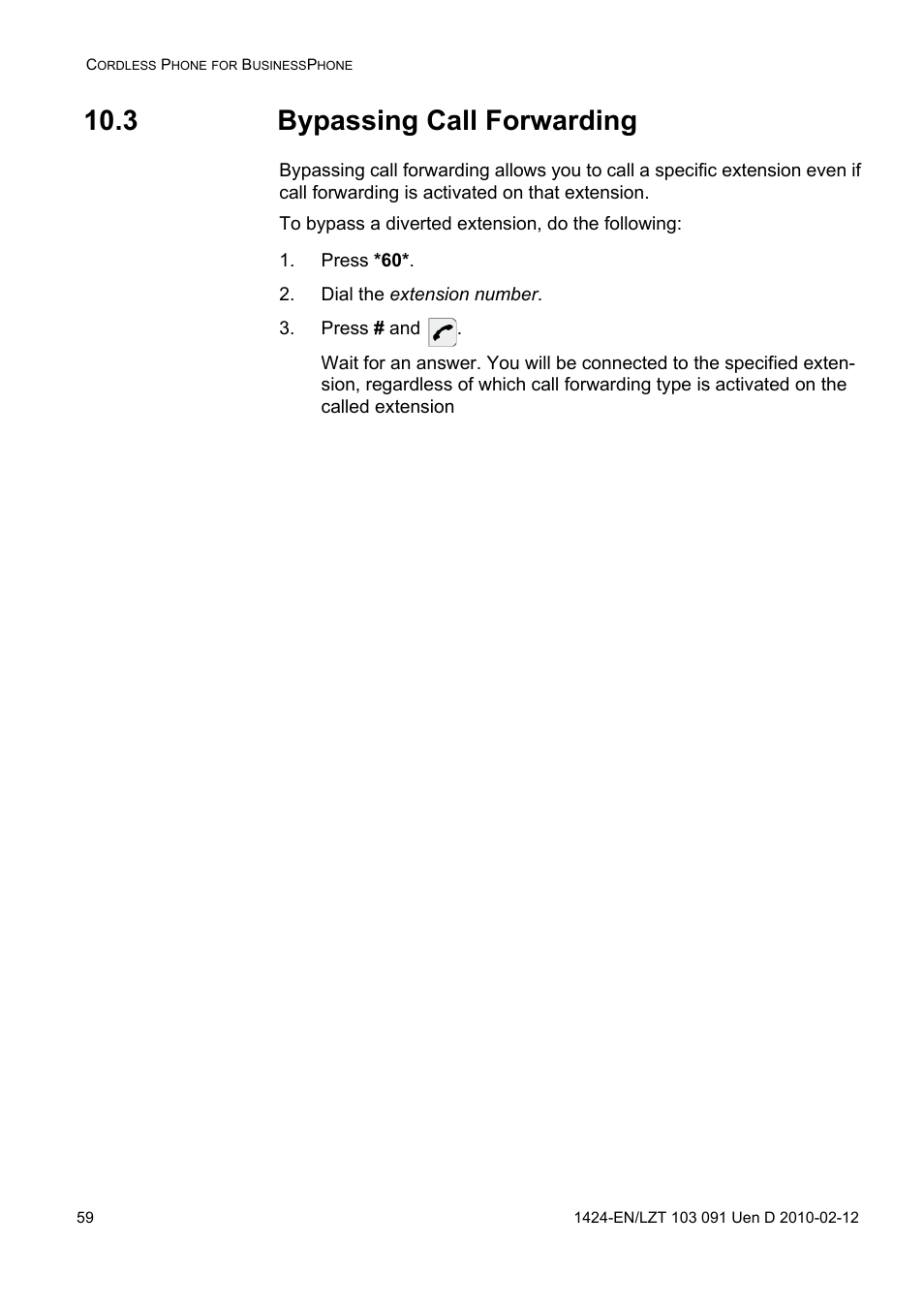 3 bypassing call forwarding, Press *60, Dial the extension number | Press # and | AASTRA DT390 for BusinessPhone User Guide EN User Manual | Page 59 / 106