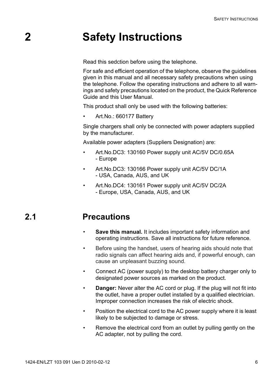 2 safety instructions, 1 precautions, 2safety instructions | AASTRA DT390 for BusinessPhone User Guide EN User Manual | Page 6 / 106