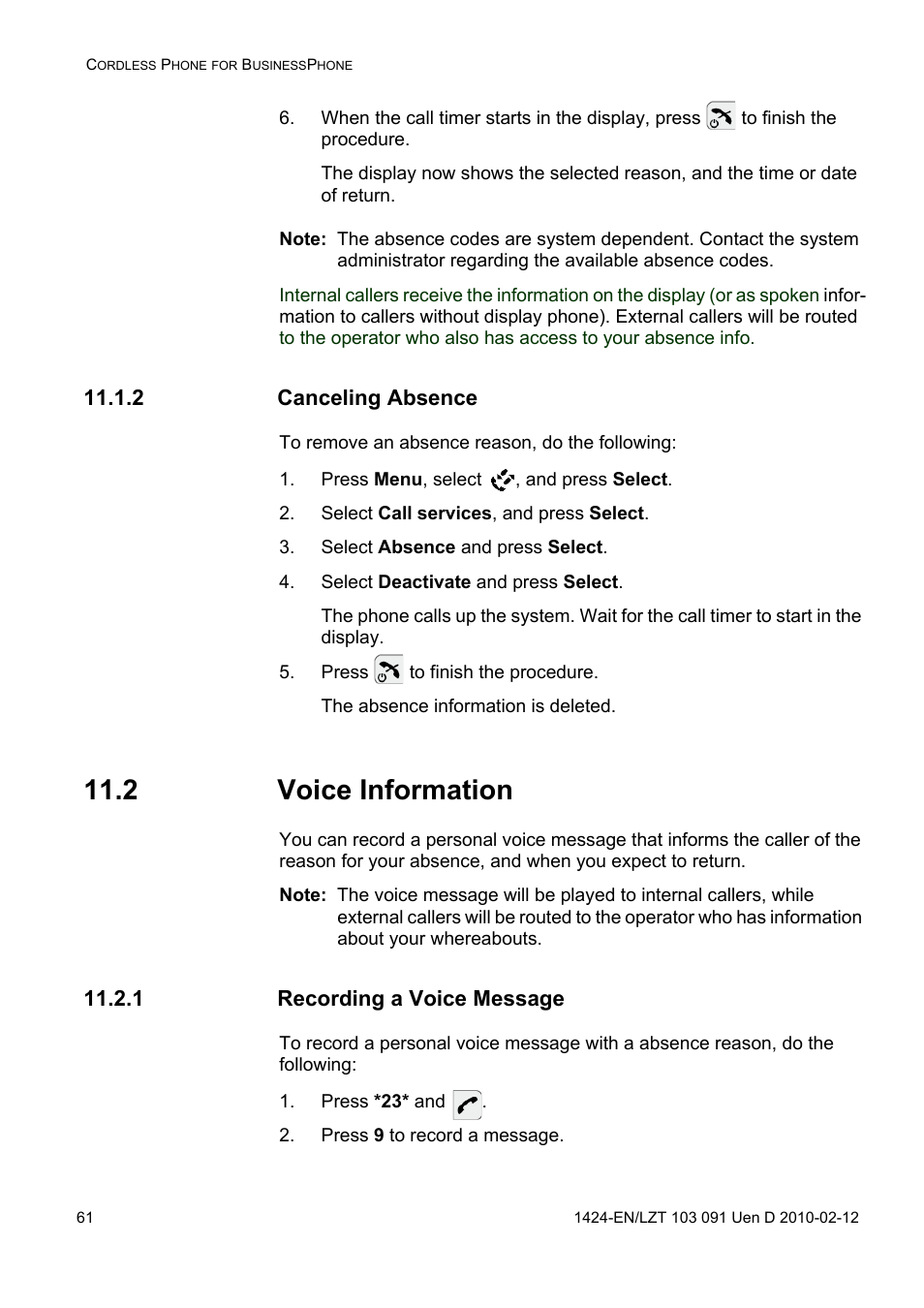 2 canceling absence, Press menu, select , and press select, Select call services, and press select | Select absence and press select, Select deactivate and press select, Press to finish the procedure, 2 voice information, 1 recording a voice message, Press *23* and, Press 9 to record a message | AASTRA DT390 for BusinessPhone User Guide EN User Manual | Page 61 / 106
