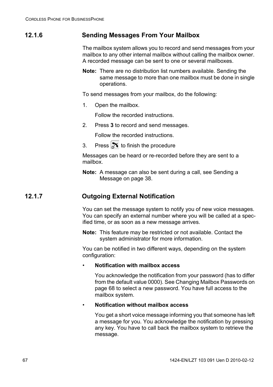 6 sending messages from your mailbox, Open the mailbox, Press 3 to record and send messages | Press to finish the procedure, 7 outgoing external notification | AASTRA DT390 for BusinessPhone User Guide EN User Manual | Page 67 / 106