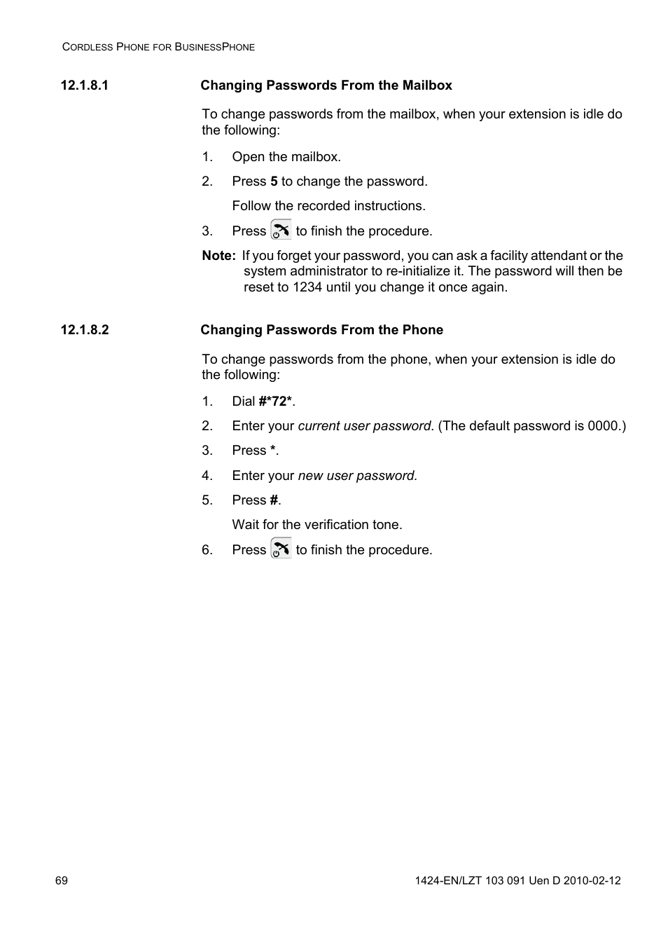 1 changing passwords from the mailbox, Open the mailbox, Press 5 to change the password | Press to finish the procedure, 2 changing passwords from the phone, Dial #*72, Press, Enter your new user password | AASTRA DT390 for BusinessPhone User Guide EN User Manual | Page 69 / 106