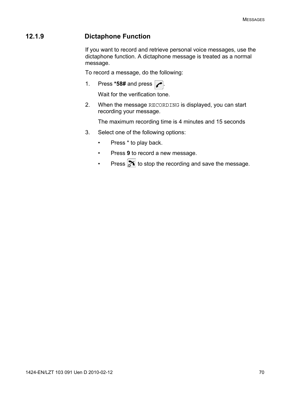 9 dictaphone function, Press *58# and press, Select one of the following options | AASTRA DT390 for BusinessPhone User Guide EN User Manual | Page 70 / 106