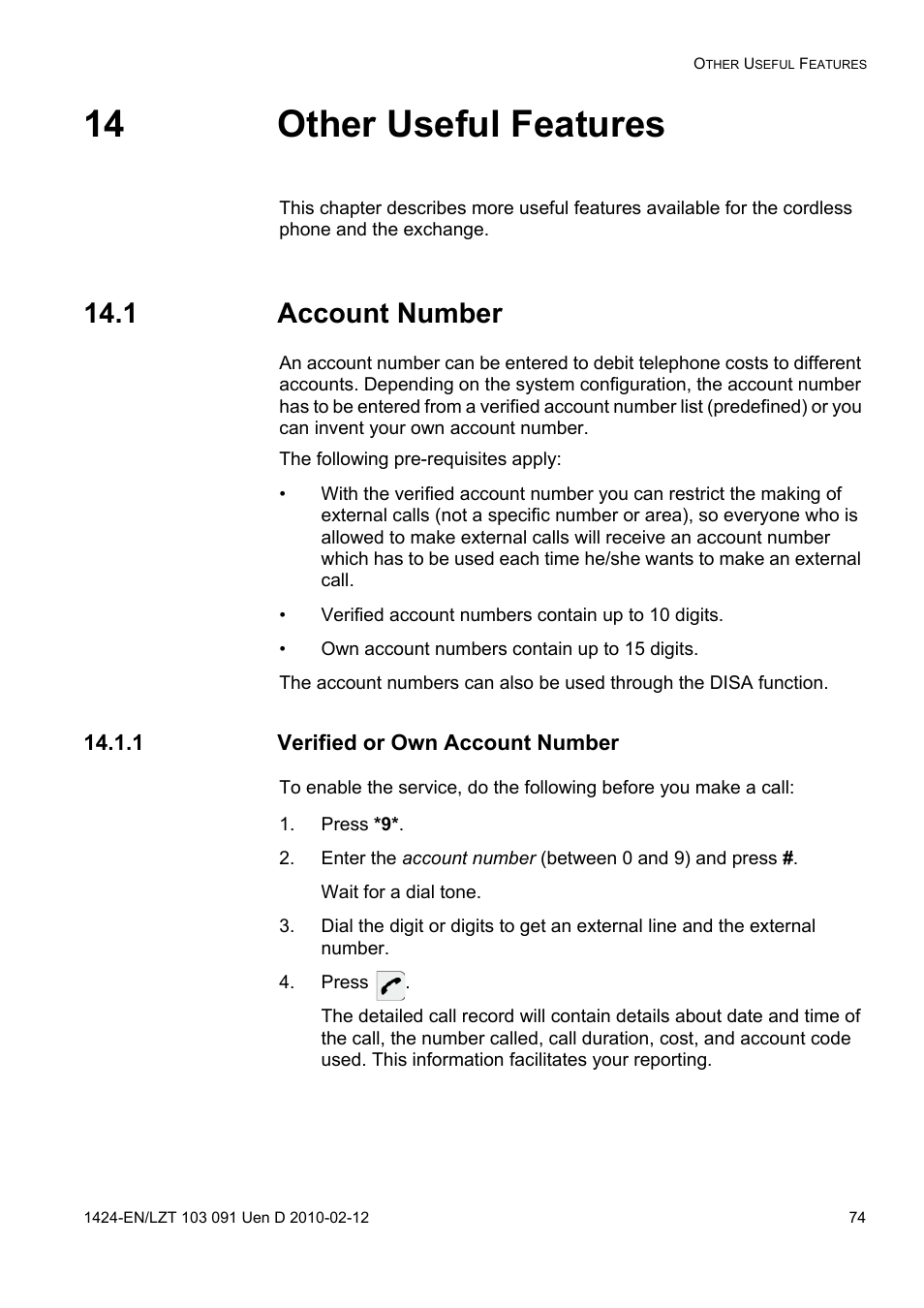 14 other useful features, 1 account number, 1 verified or own account number | Press *9, Press | AASTRA DT390 for BusinessPhone User Guide EN User Manual | Page 74 / 106