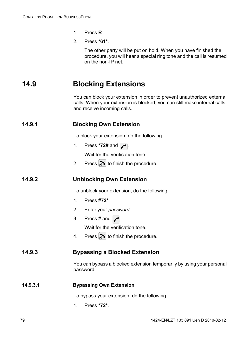 Press r, Press *61, 9 blocking extensions | 1 blocking own extension, Press *72# and, Press to finish the procedure, 2 unblocking own extension, Press #72, Enter your password, Press # and | AASTRA DT390 for BusinessPhone User Guide EN User Manual | Page 79 / 106