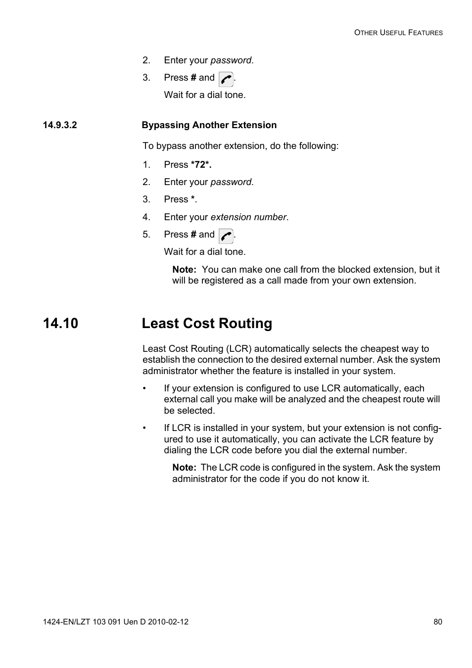 Enter your password, Press # and, 2 bypassing another extension | Press *72, Press, Enter your extension number, 10 least cost routing | AASTRA DT390 for BusinessPhone User Guide EN User Manual | Page 80 / 106