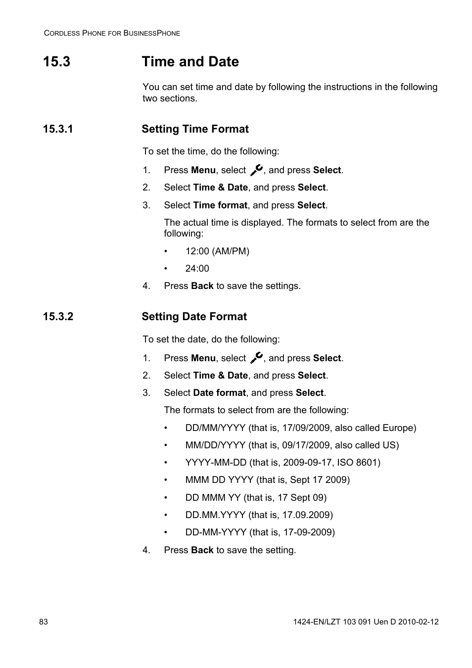 3 time and date, 1 setting time format, Press menu, select , and press select | Select time & date, and press select, Select time format, and press select, Press back to save the settings, 2 setting date format, Select date format, and press select, Press back to save the setting | AASTRA DT390 for BusinessPhone User Guide EN User Manual | Page 83 / 106