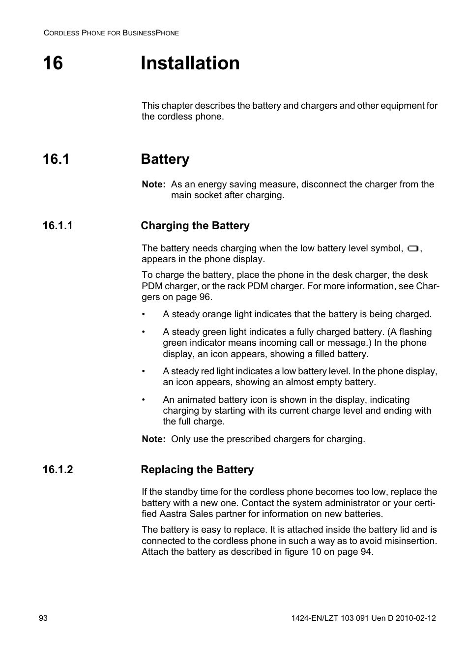 16 installation, 1 battery, 1 charging the battery | 2 replacing the battery | AASTRA DT390 for BusinessPhone User Guide EN User Manual | Page 93 / 106