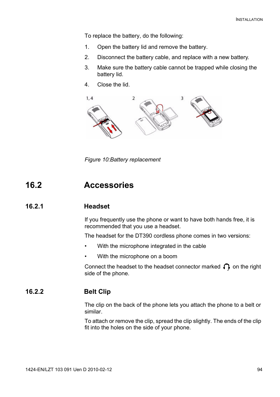 Open the battery lid and remove the battery, Close the lid, Figure 10: battery replacement | 2 accessories, 1 headset, 2 belt clip | AASTRA DT390 for BusinessPhone User Guide EN User Manual | Page 94 / 106