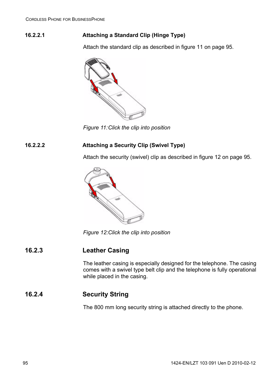 1 attaching a standard clip (hinge type), Figure 11: click the clip into position, 2 attaching a security clip (swivel type) | Figure 12: click the clip into position, 3 leather casing, 4 security string | AASTRA DT390 for BusinessPhone User Guide EN User Manual | Page 95 / 106