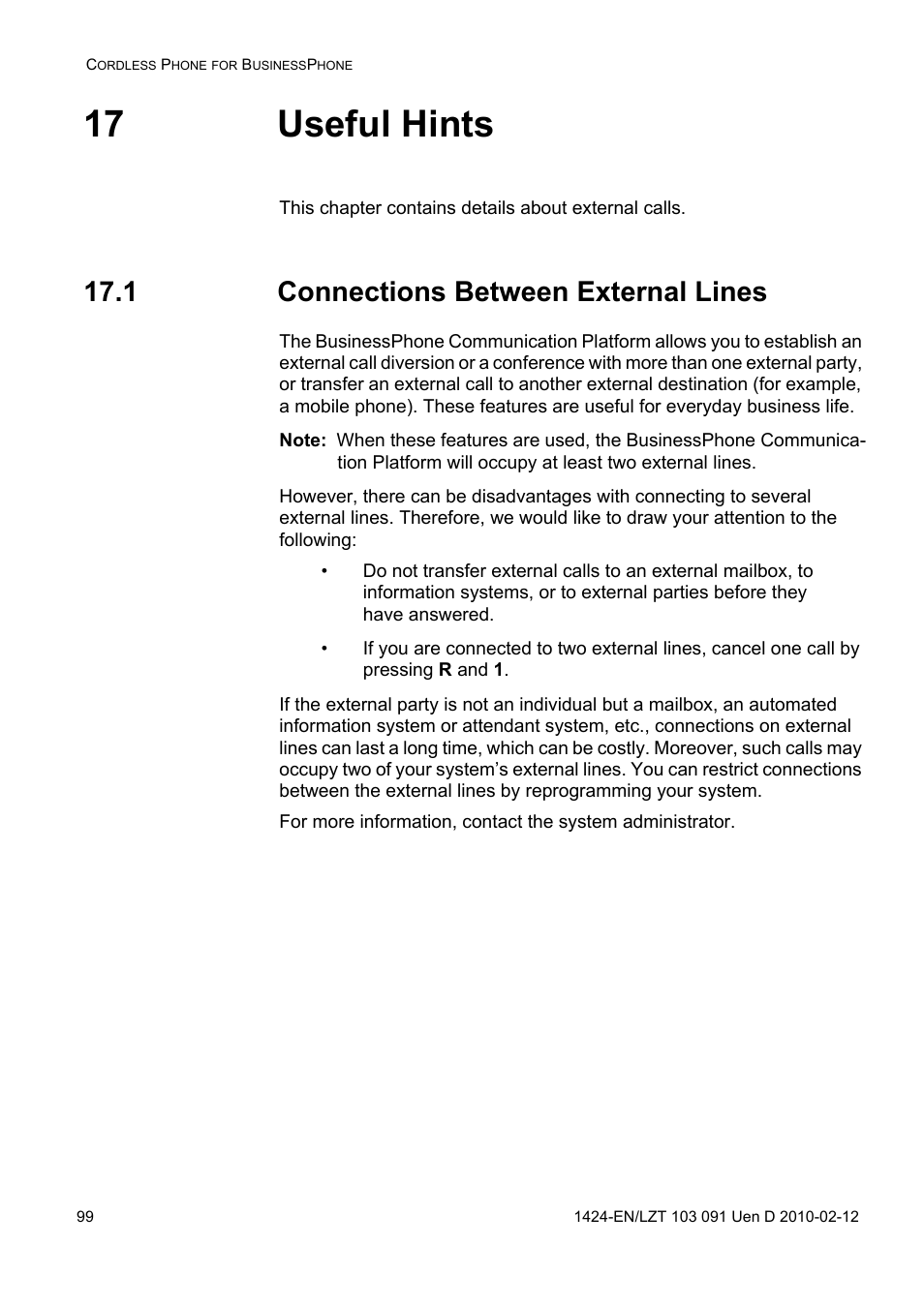 17 useful hints, 1 connections between external lines | AASTRA DT390 for BusinessPhone User Guide EN User Manual | Page 99 / 106