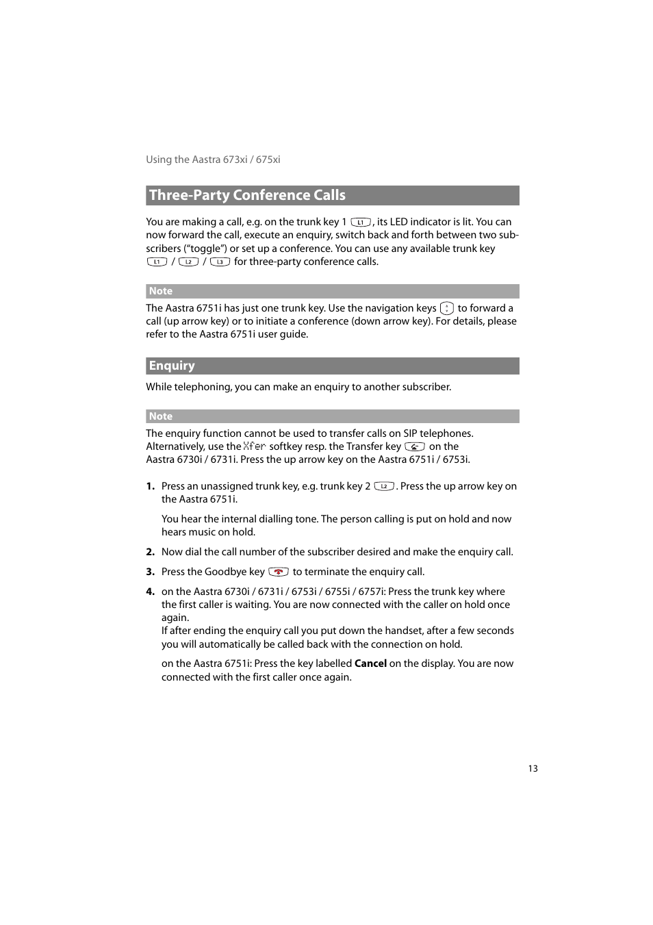 Three-party conference calls, Enquiry | AASTRA 6700i for OpenCom 1000 User Guide EN User Manual | Page 17 / 48