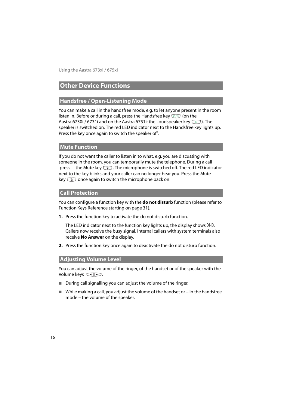 Other device functions, Handsfree / open-listening mode, Mute function | Call protection, Adjusting volume level | AASTRA 6700i for OpenCom 1000 User Guide EN User Manual | Page 20 / 48