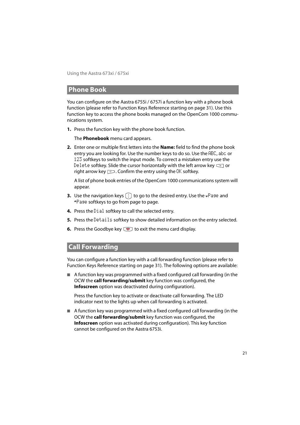 Phone book, Call forwarding, Phone book call forwarding | AASTRA 6700i for OpenCom 1000 User Guide EN User Manual | Page 25 / 48