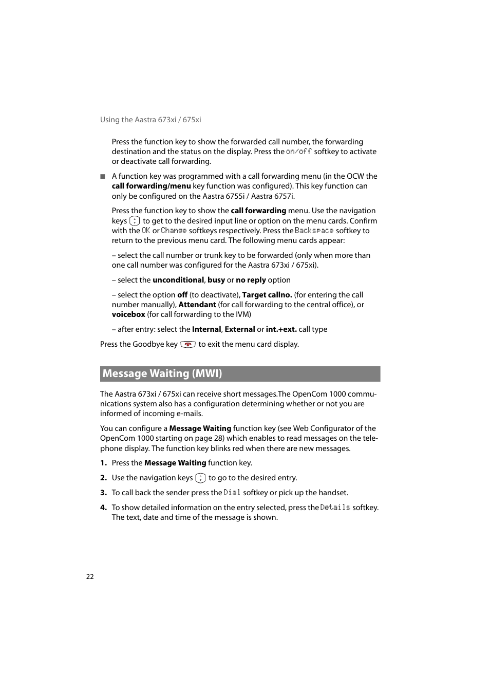 Message waiting (mwi) | AASTRA 6700i for OpenCom 1000 User Guide EN User Manual | Page 26 / 48