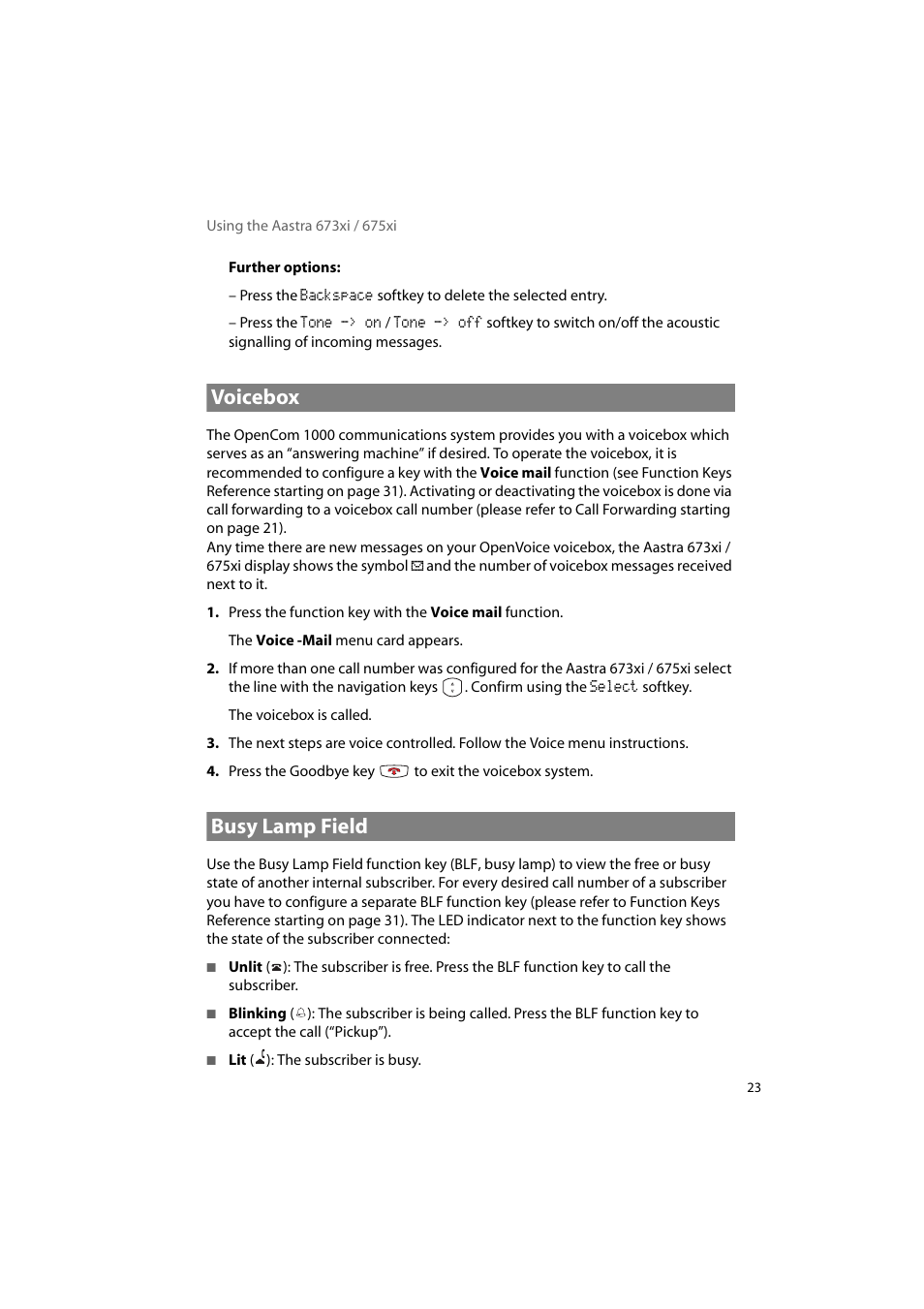 Voicebox, Busy lamp field, Voicebox busy lamp field | AASTRA 6700i for OpenCom 1000 User Guide EN User Manual | Page 27 / 48