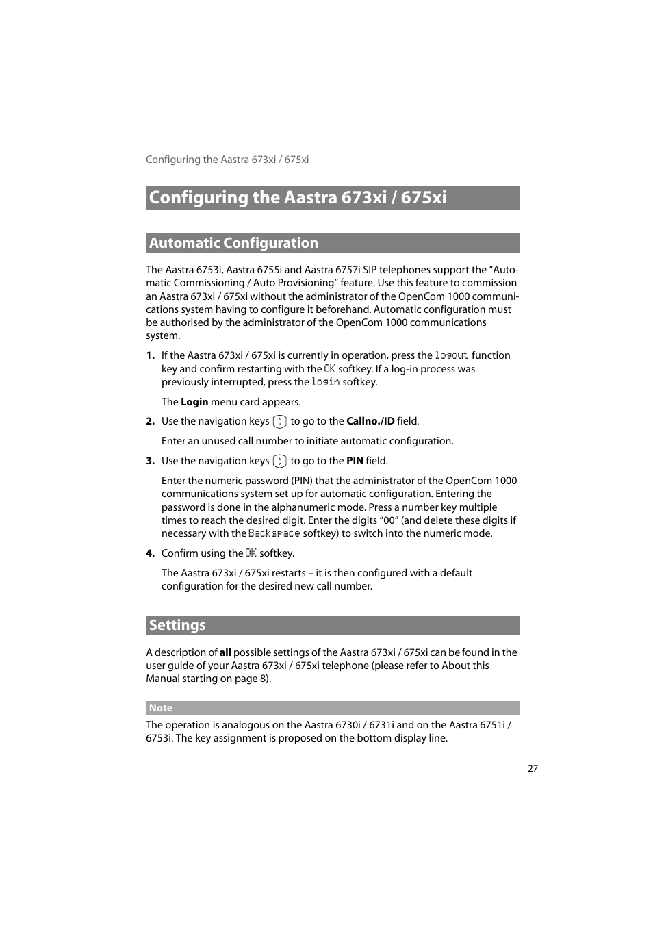 Configuring the aastra 673xi / 675xi, Automatic configuration, Settings | Automatic configuration settings | AASTRA 6700i for OpenCom 1000 User Guide EN User Manual | Page 31 / 48